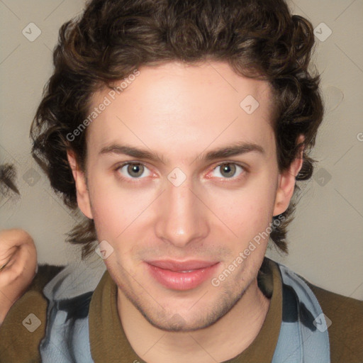 Joyful white young-adult male with medium  brown hair and brown eyes