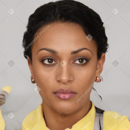 Neutral black young-adult female with short  black hair and brown eyes