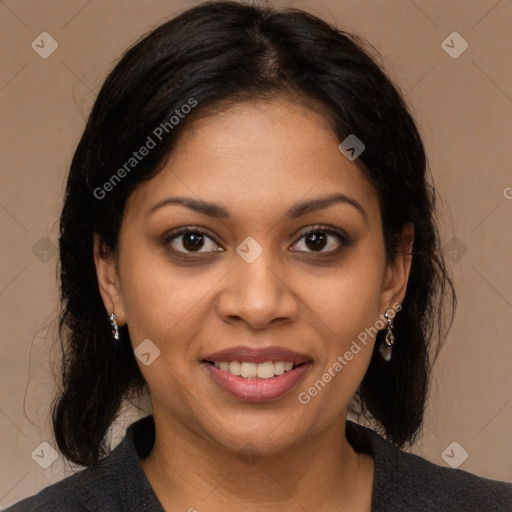 Joyful black young-adult female with medium  brown hair and brown eyes