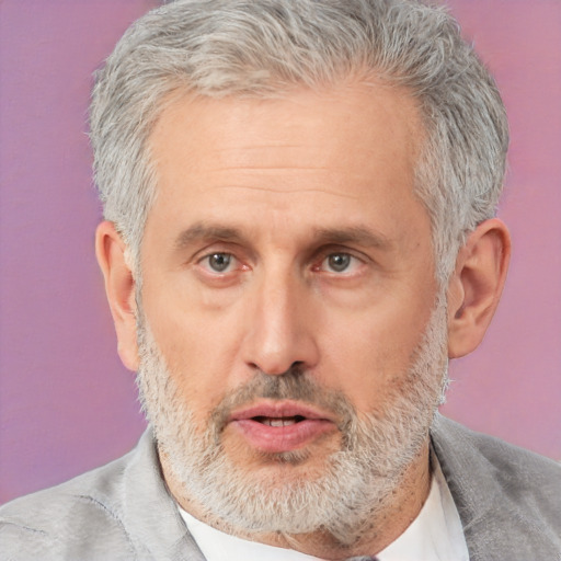 Neutral white middle-aged male with short  gray hair and brown eyes