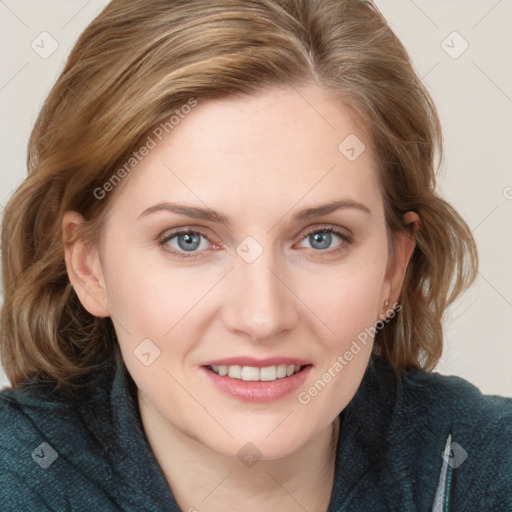 Joyful white young-adult female with medium  brown hair and blue eyes