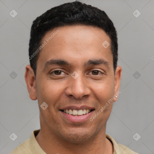 Joyful latino young-adult male with short  brown hair and brown eyes