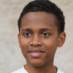 Joyful black young-adult male with short  brown hair and brown eyes