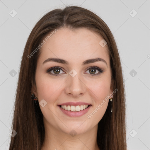 Joyful white young-adult female with long  brown hair and grey eyes