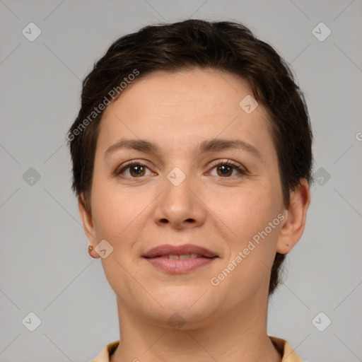 Joyful white young-adult female with short  brown hair and brown eyes