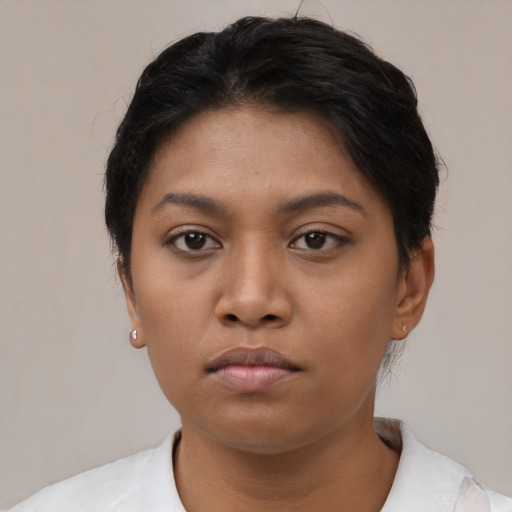 Neutral asian young-adult female with short  black hair and brown eyes