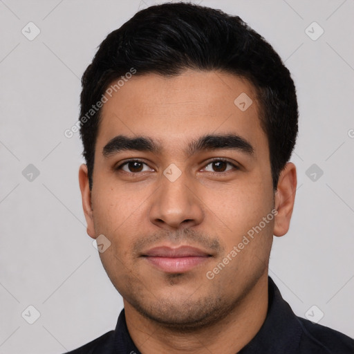 Neutral latino young-adult male with short  black hair and brown eyes