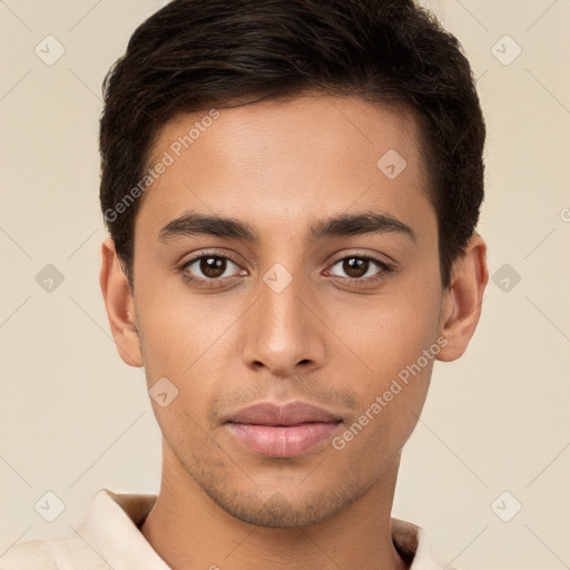 Neutral white young-adult male with short  brown hair and brown eyes