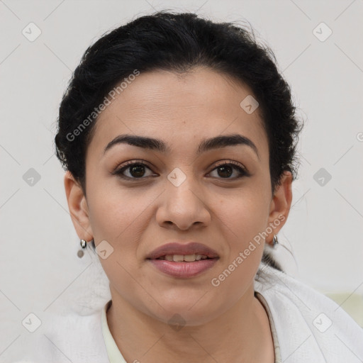 Joyful latino young-adult female with short  brown hair and brown eyes