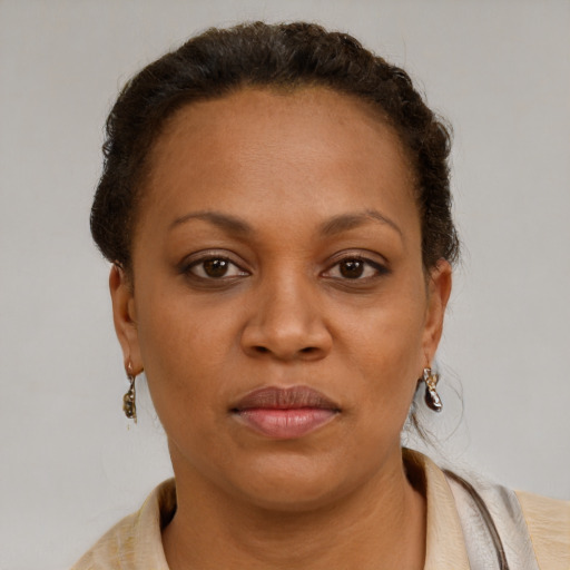 Joyful black adult female with short  brown hair and brown eyes