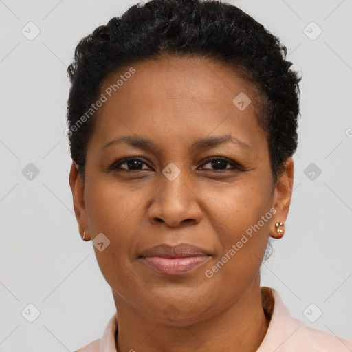 Joyful black adult female with short  brown hair and brown eyes