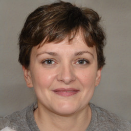 Joyful white adult female with medium  brown hair and brown eyes