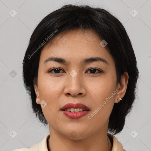 Joyful latino young-adult female with medium  brown hair and brown eyes