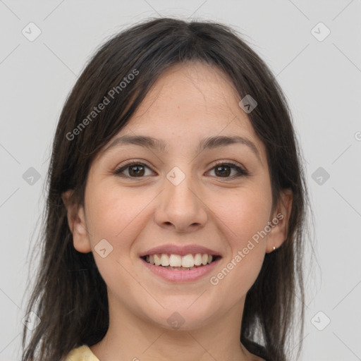 Joyful white young-adult female with medium  brown hair and brown eyes