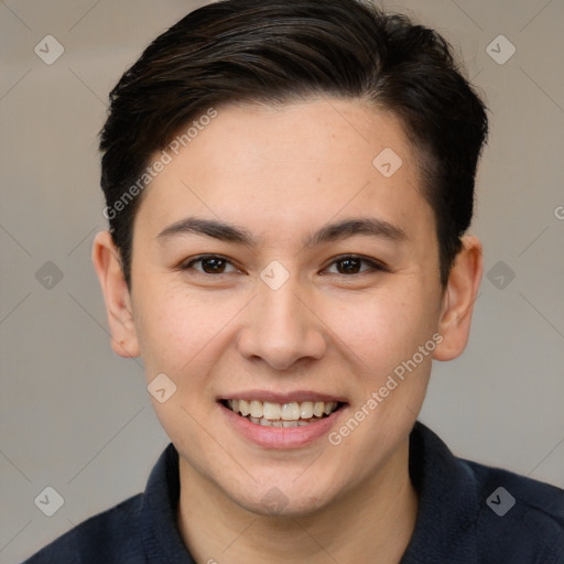 Joyful white young-adult female with short  brown hair and brown eyes