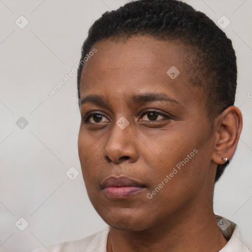 Neutral black young-adult female with short  brown hair and brown eyes