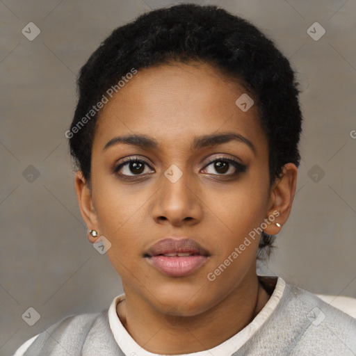 Neutral black young-adult female with short  black hair and brown eyes