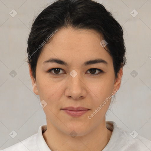 Joyful asian young-adult female with short  brown hair and brown eyes