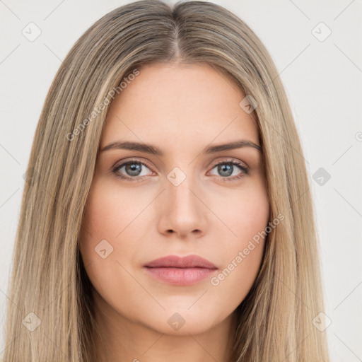 Neutral white young-adult female with long  brown hair and brown eyes