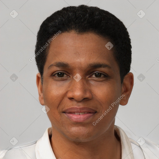 Joyful latino young-adult male with short  brown hair and brown eyes