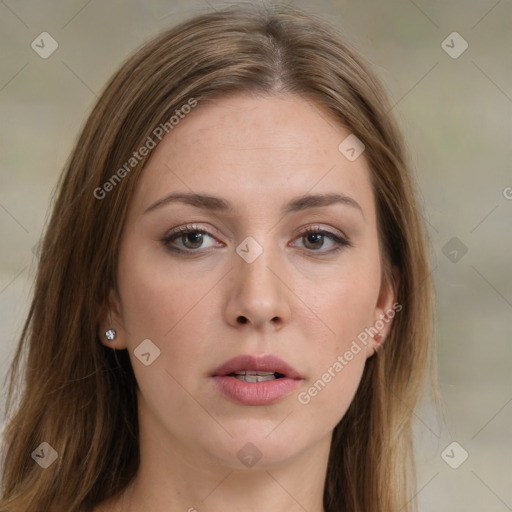 Neutral white young-adult female with long  brown hair and brown eyes