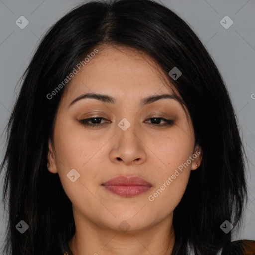 Joyful asian young-adult female with long  brown hair and brown eyes