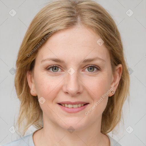 Joyful white young-adult female with medium  brown hair and blue eyes