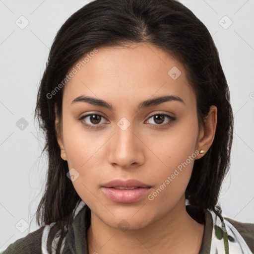 Neutral white young-adult female with medium  brown hair and brown eyes