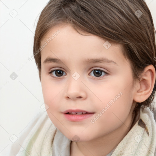 Joyful white child female with medium  brown hair and brown eyes