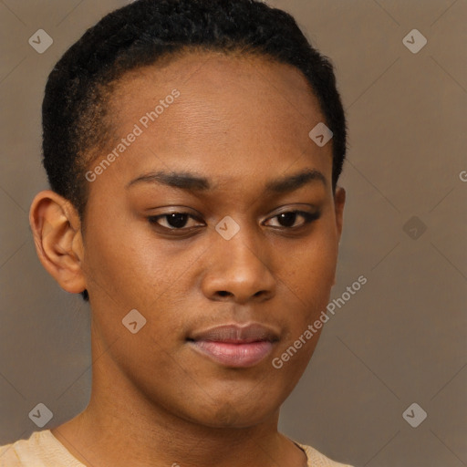 Joyful black young-adult female with short  brown hair and brown eyes