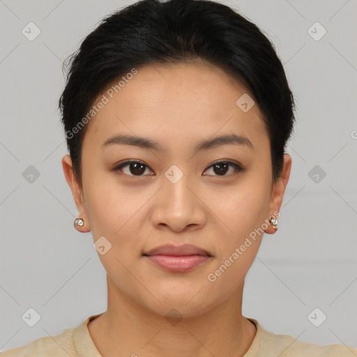 Joyful asian young-adult female with short  brown hair and brown eyes