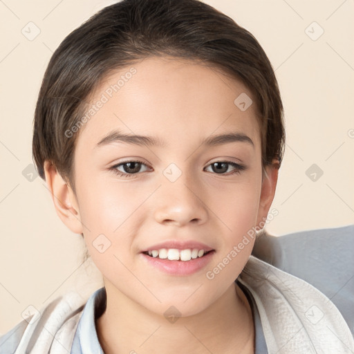 Joyful white child female with medium  brown hair and brown eyes