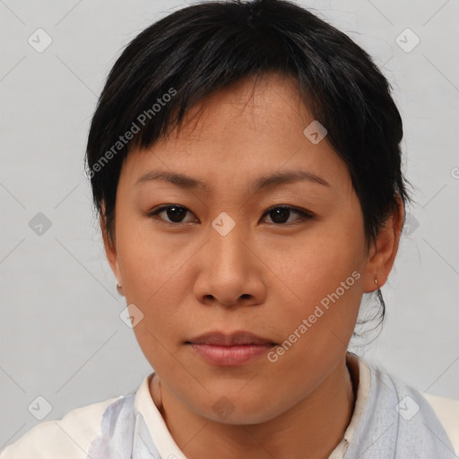 Neutral asian young-adult female with medium  brown hair and brown eyes