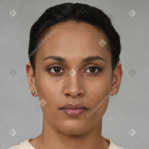 Neutral black young-adult female with short  black hair and brown eyes