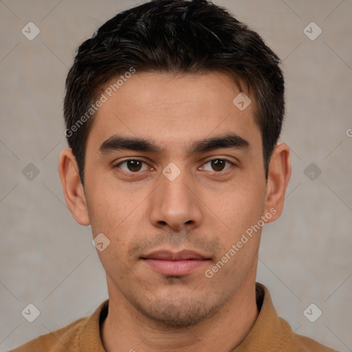 Neutral white young-adult male with short  brown hair and brown eyes