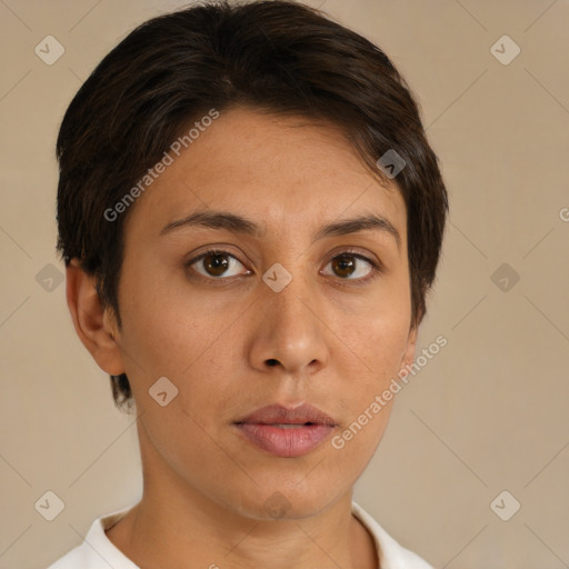 Neutral asian young-adult female with short  brown hair and brown eyes