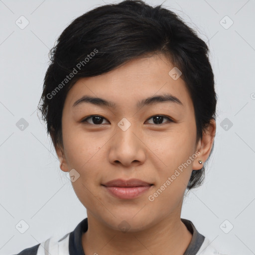 Joyful asian young-adult female with medium  black hair and brown eyes