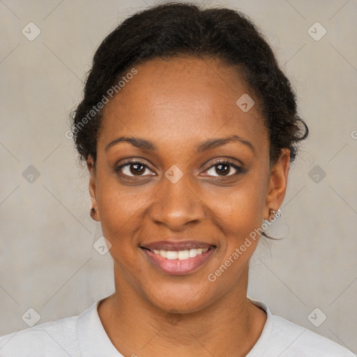 Joyful black young-adult female with short  brown hair and brown eyes