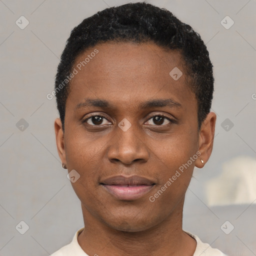 Neutral black young-adult male with short  black hair and brown eyes