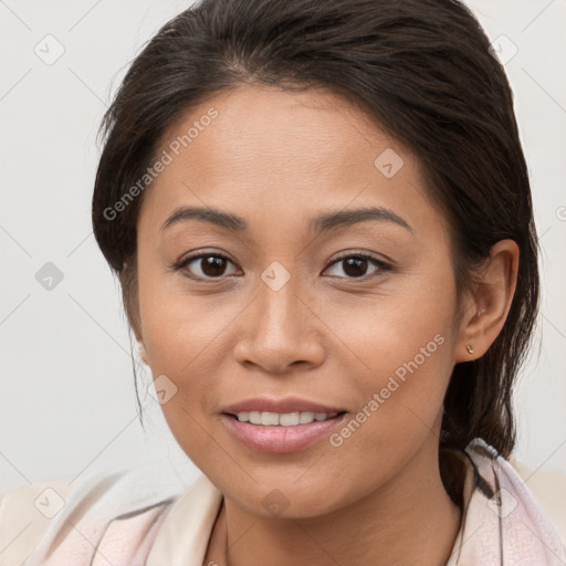 Joyful white young-adult female with medium  brown hair and brown eyes