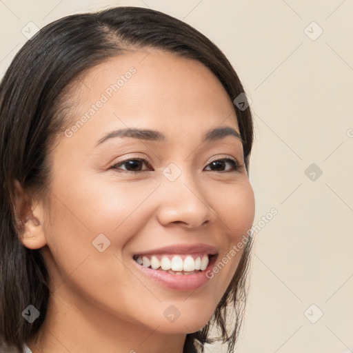 Joyful white young-adult female with medium  brown hair and brown eyes