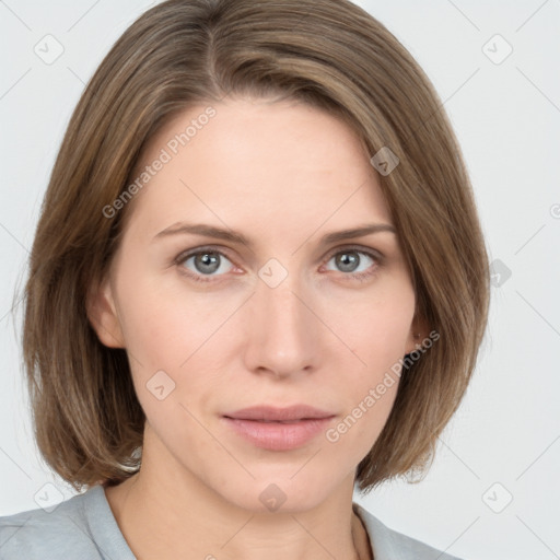 Neutral white young-adult female with medium  brown hair and grey eyes