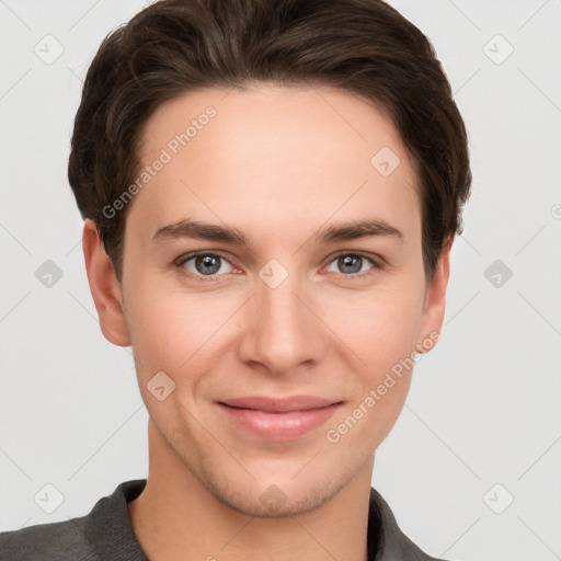 Joyful white young-adult female with short  brown hair and grey eyes