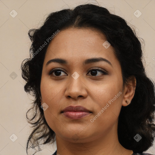 Joyful latino young-adult female with medium  black hair and brown eyes