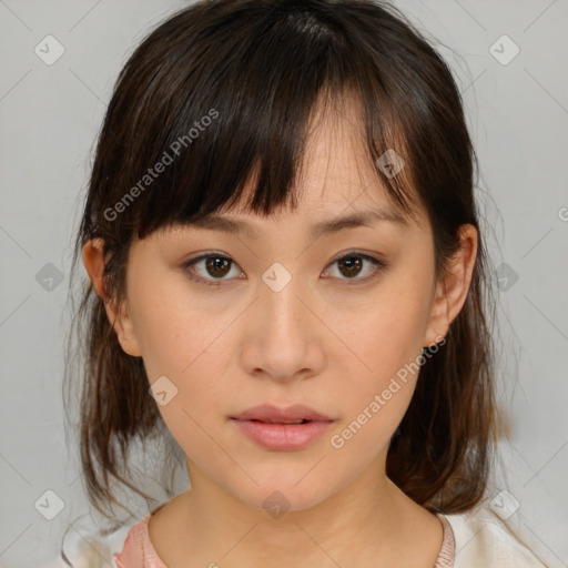 Neutral white young-adult female with medium  brown hair and brown eyes