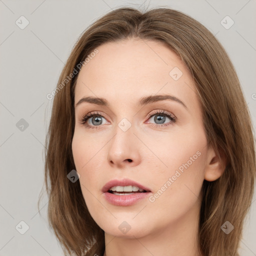 Neutral white young-adult female with medium  brown hair and grey eyes