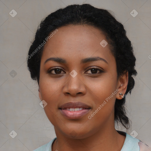 Joyful black young-adult female with medium  black hair and brown eyes