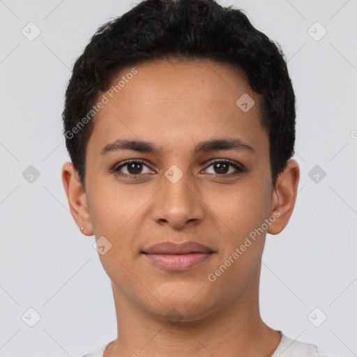 Joyful latino young-adult female with short  brown hair and brown eyes