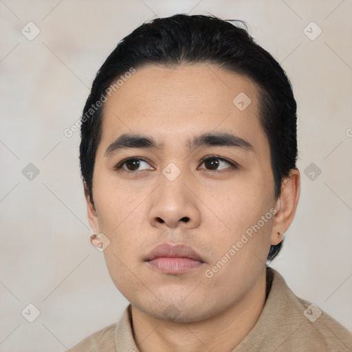 Neutral asian young-adult male with short  black hair and brown eyes