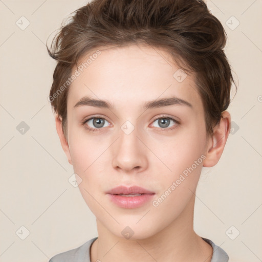 Neutral white young-adult female with short  brown hair and brown eyes